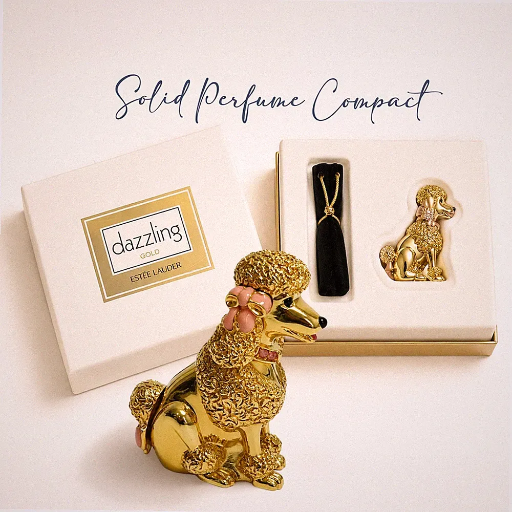 Estee Lauder Petite Poodle Dazzling Gold Solid Perfume Compact 2000 NIB